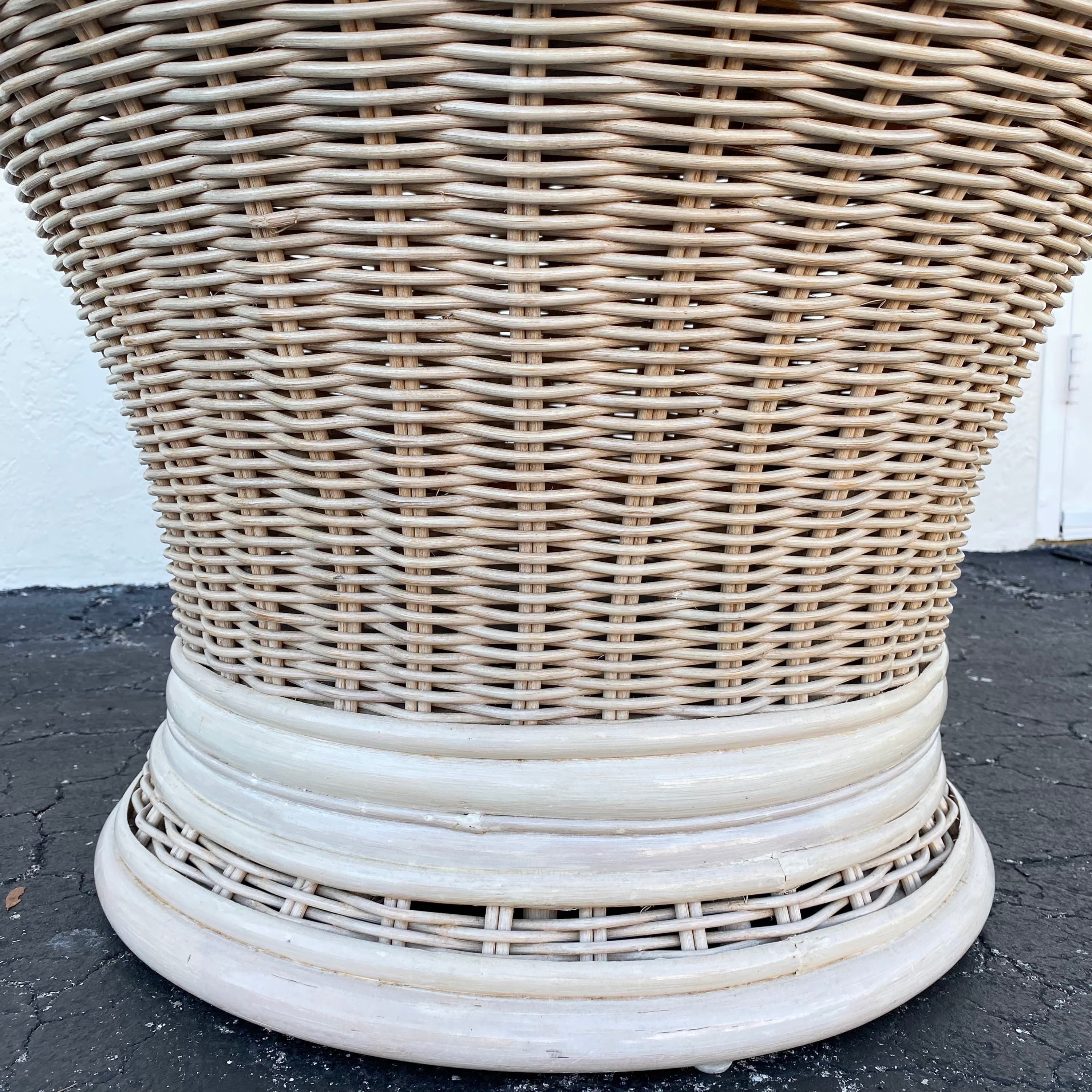 Round Rattan End Table with Glass Top 30W 21H - Vintage White Wash Pedestal Wicker Base Side or Accent Table Coastal Boho Chic Furniture - Thumbnail 9