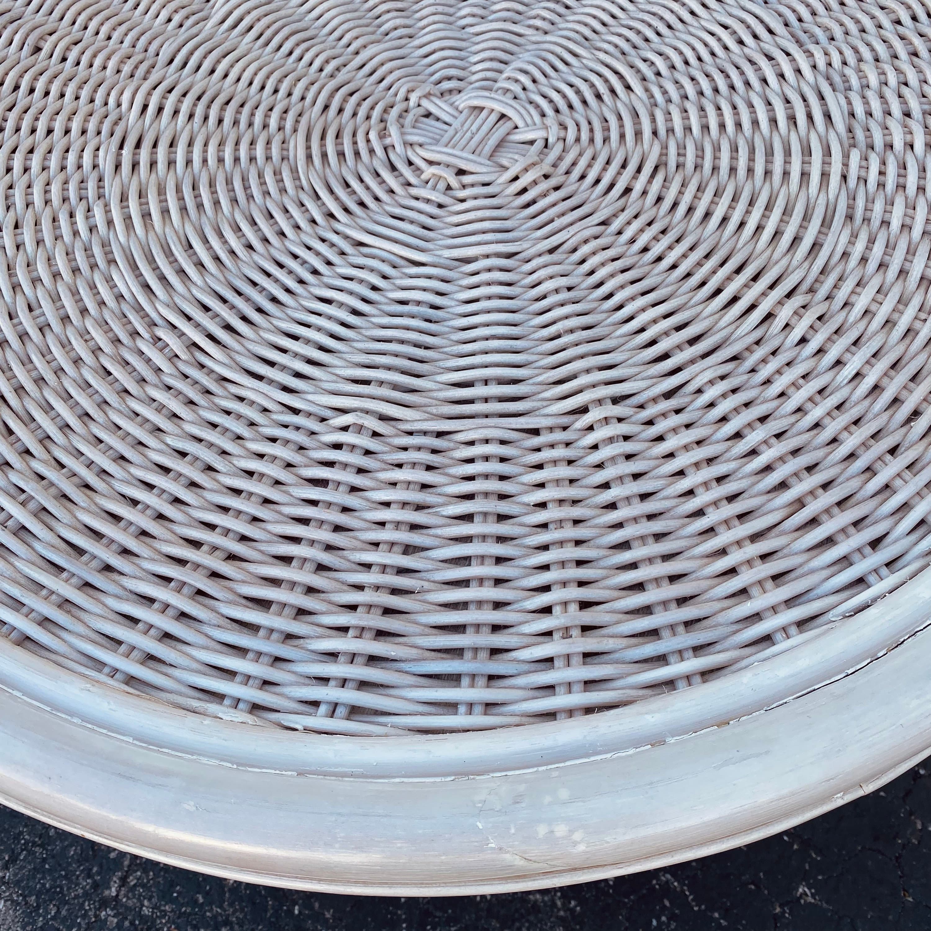 Round Rattan End Table with Glass Top 30W 21H - Vintage White Wash Pedestal Wicker Base Side or Accent Table Coastal Boho Chic Furniture - Thumbnail 7