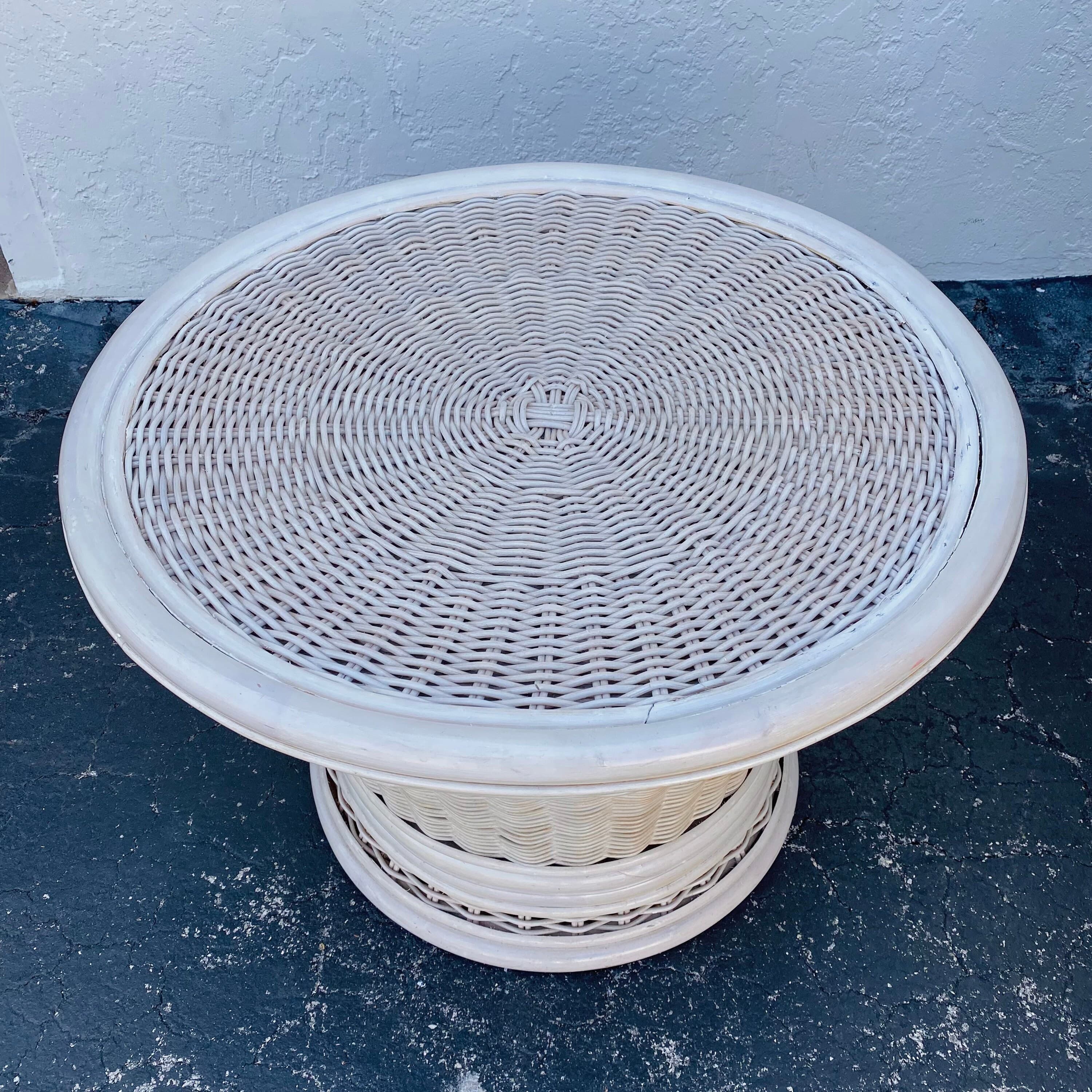 Round Rattan End Table with Glass Top 30W 21H - Vintage White Wash Pedestal Wicker Base Side or Accent Table Coastal Boho Chic Furniture - Thumbnail 5