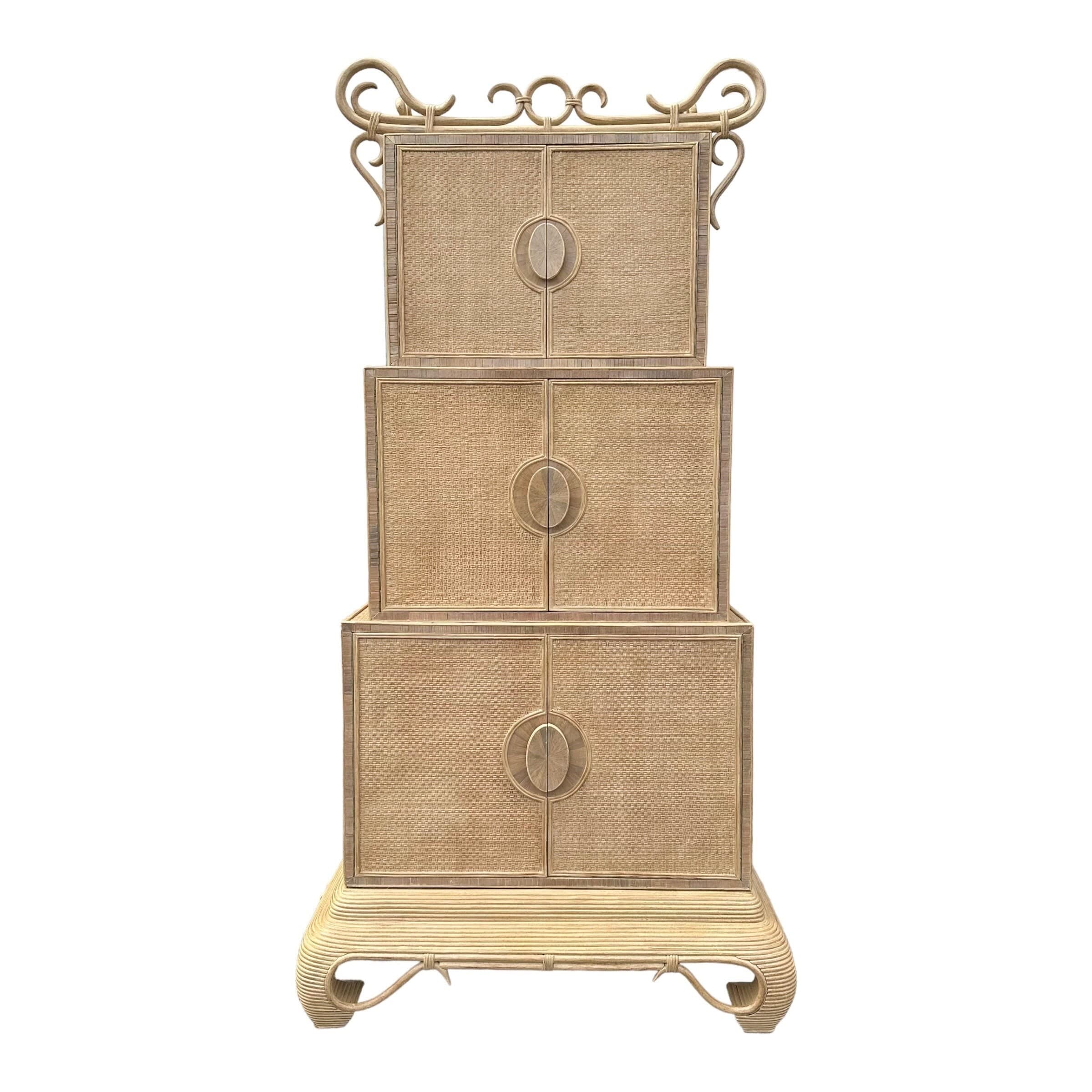 Chinoiserie Rattan Cabinet with Natural Bent Wood & Pencil Reed Base by Hickory - Vintage Three Tier Storage Tower Coastal Boho Showpiece - Image 1