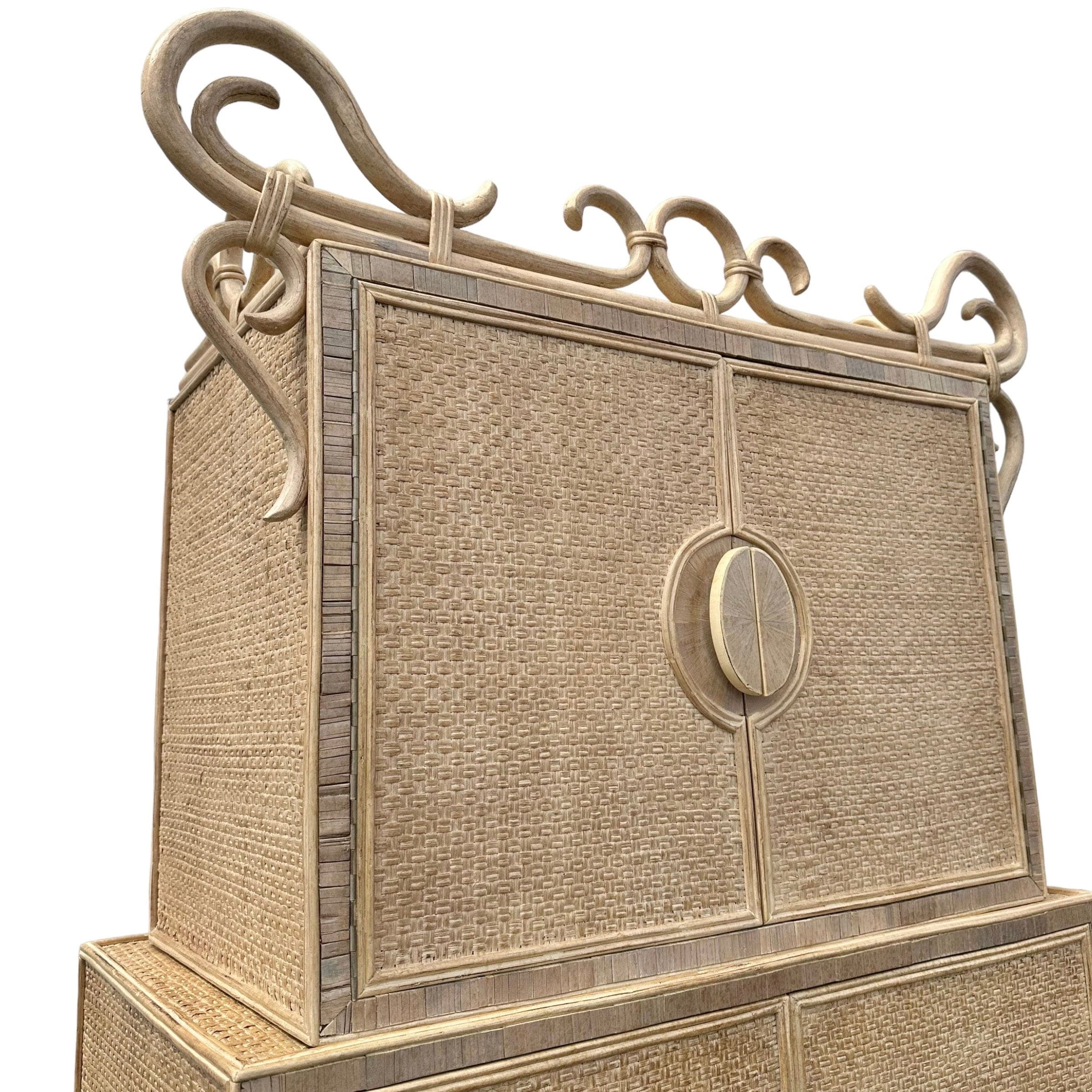 Chinoiserie Rattan Cabinet with Natural Bent Wood & Pencil Reed Base by Hickory - Vintage Three Tier Storage Tower Coastal Boho Showpiece - Thumbnail 3