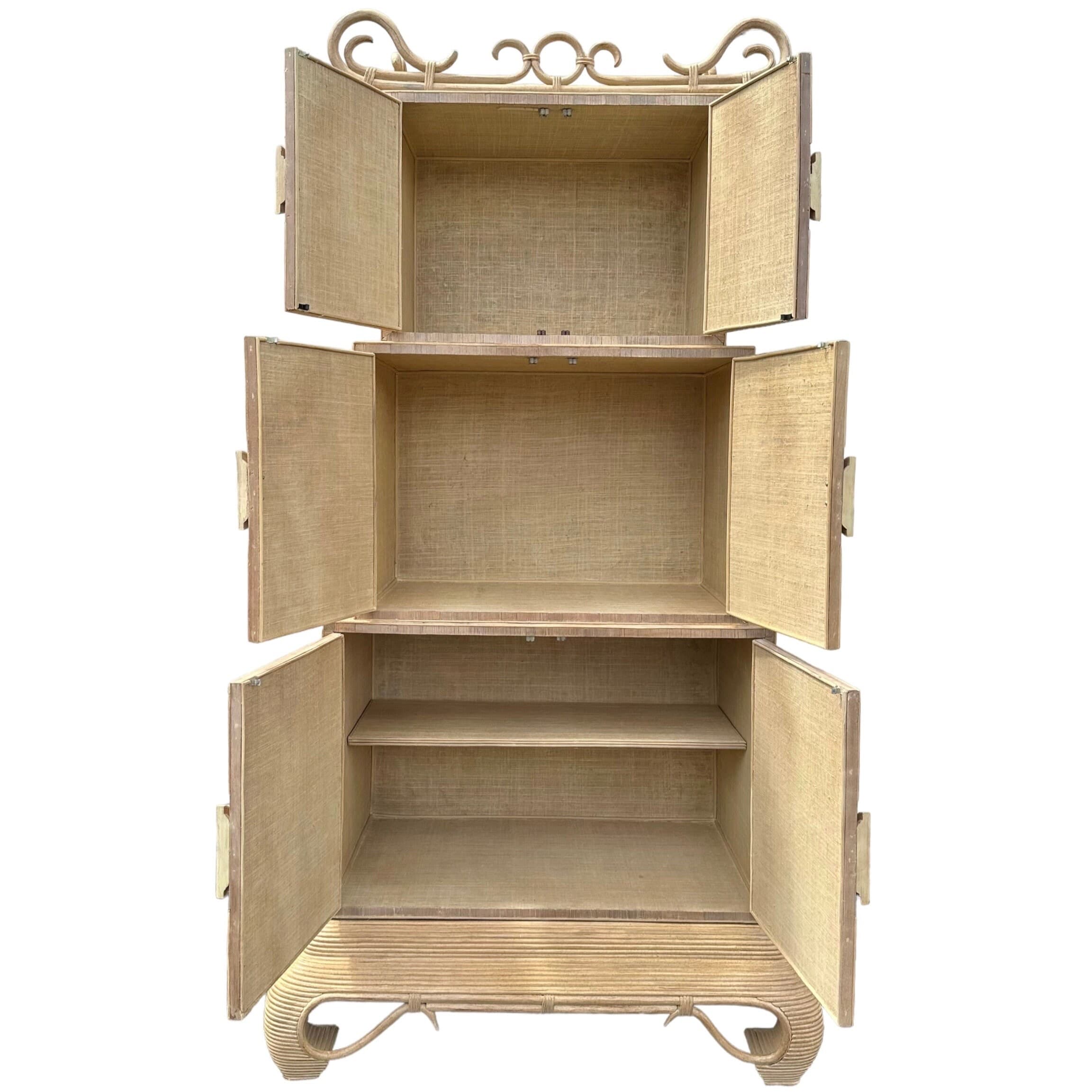 Chinoiserie Rattan Cabinet with Natural Bent Wood & Pencil Reed Base by Hickory - Vintage Three Tier Storage Tower Coastal Boho Showpiece - Thumbnail 2
