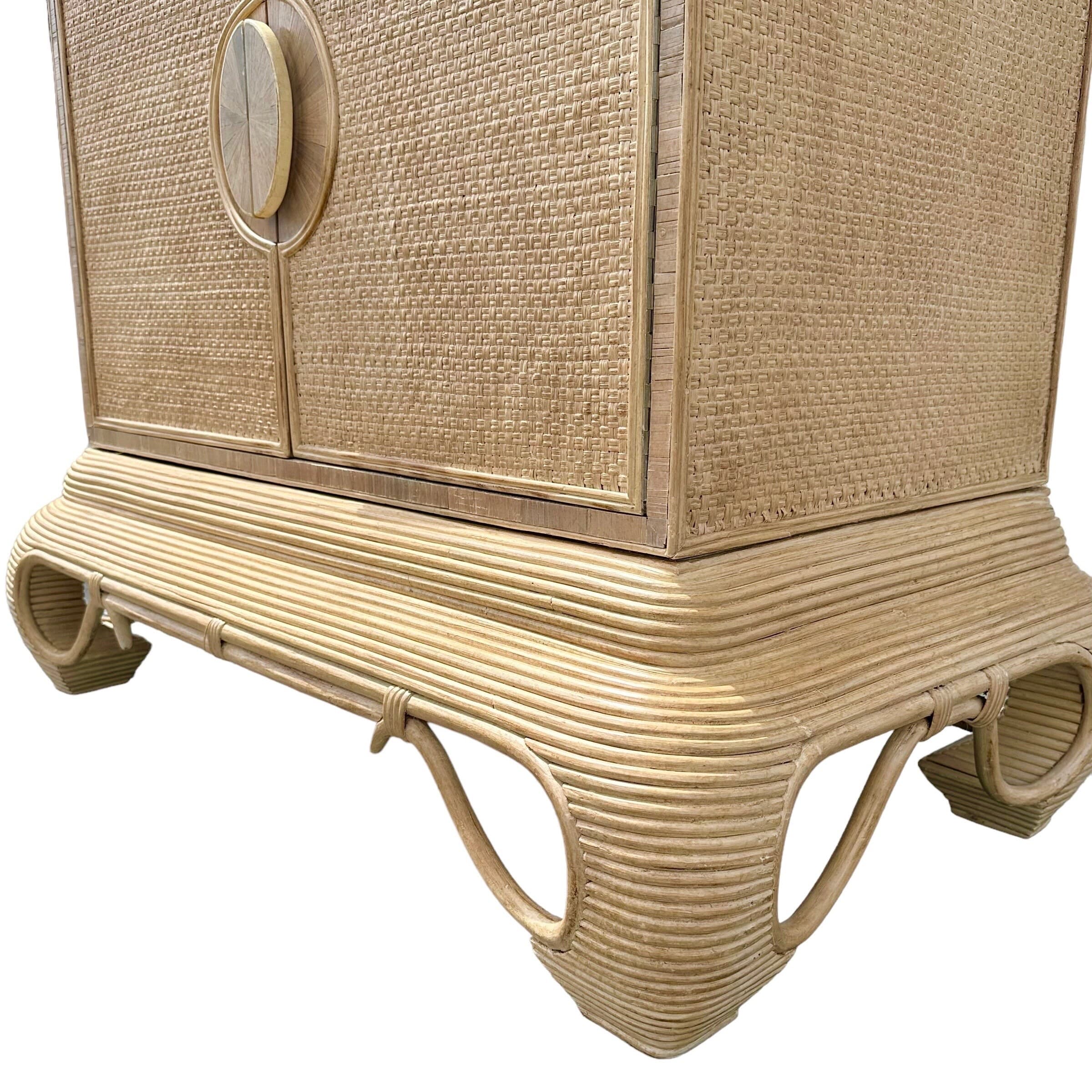 Chinoiserie Rattan Cabinet with Natural Bent Wood & Pencil Reed Base by Hickory - Vintage Three Tier Storage Tower Coastal Boho Showpiece - Thumbnail 9