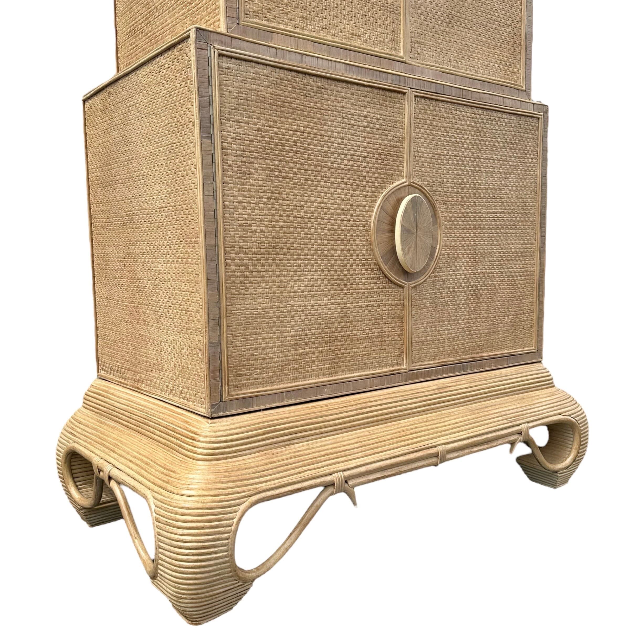 Chinoiserie Rattan Cabinet with Natural Bent Wood & Pencil Reed Base by Hickory - Vintage Three Tier Storage Tower Coastal Boho Showpiece - Thumbnail 7