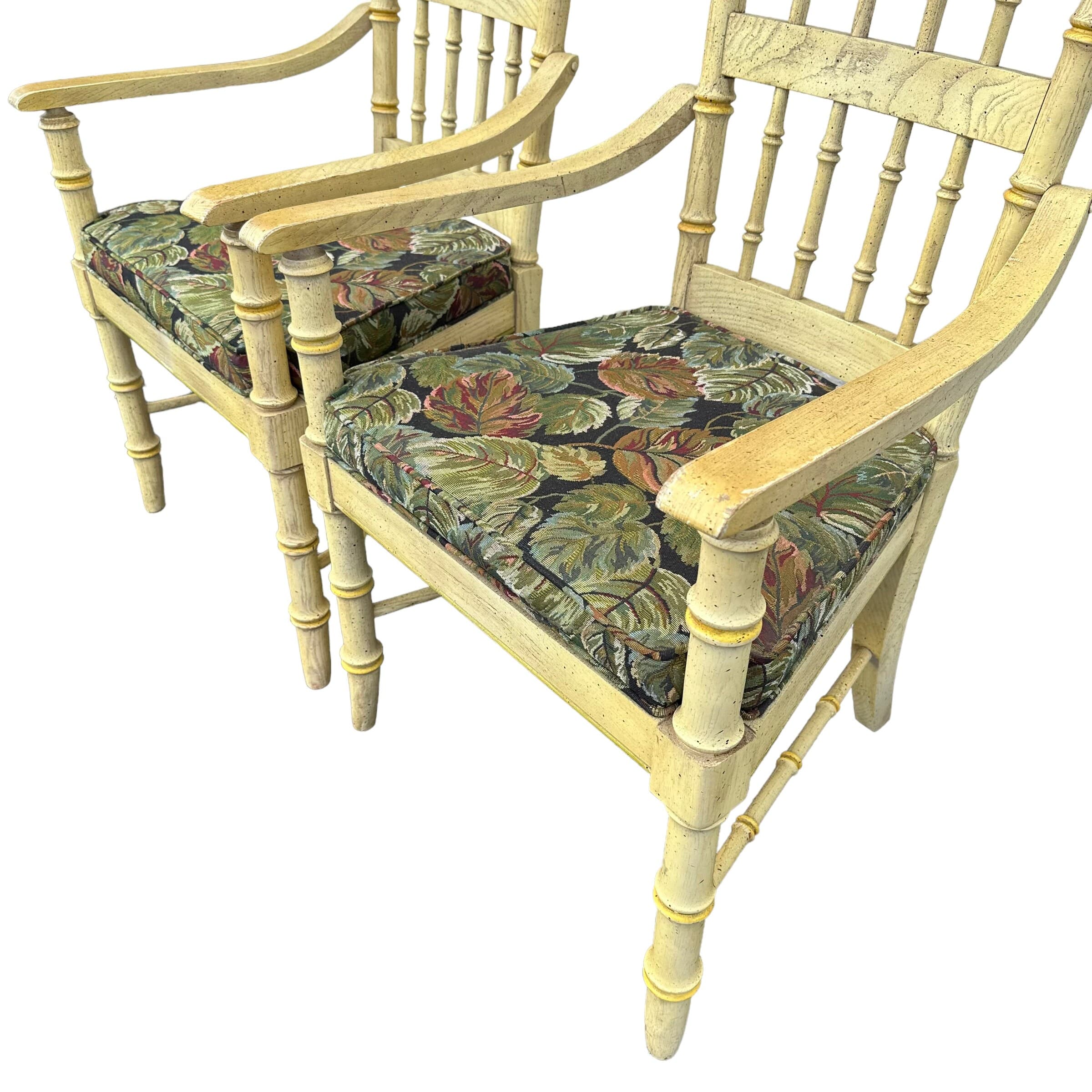 Faux Bamboo Armchairs with Spindles & Finials by Stanley Furniture Set of 2 - 1970s Vintage Pair Coastal Palm Beach Dining Accent Arm Chairs - Thumbnail 2
