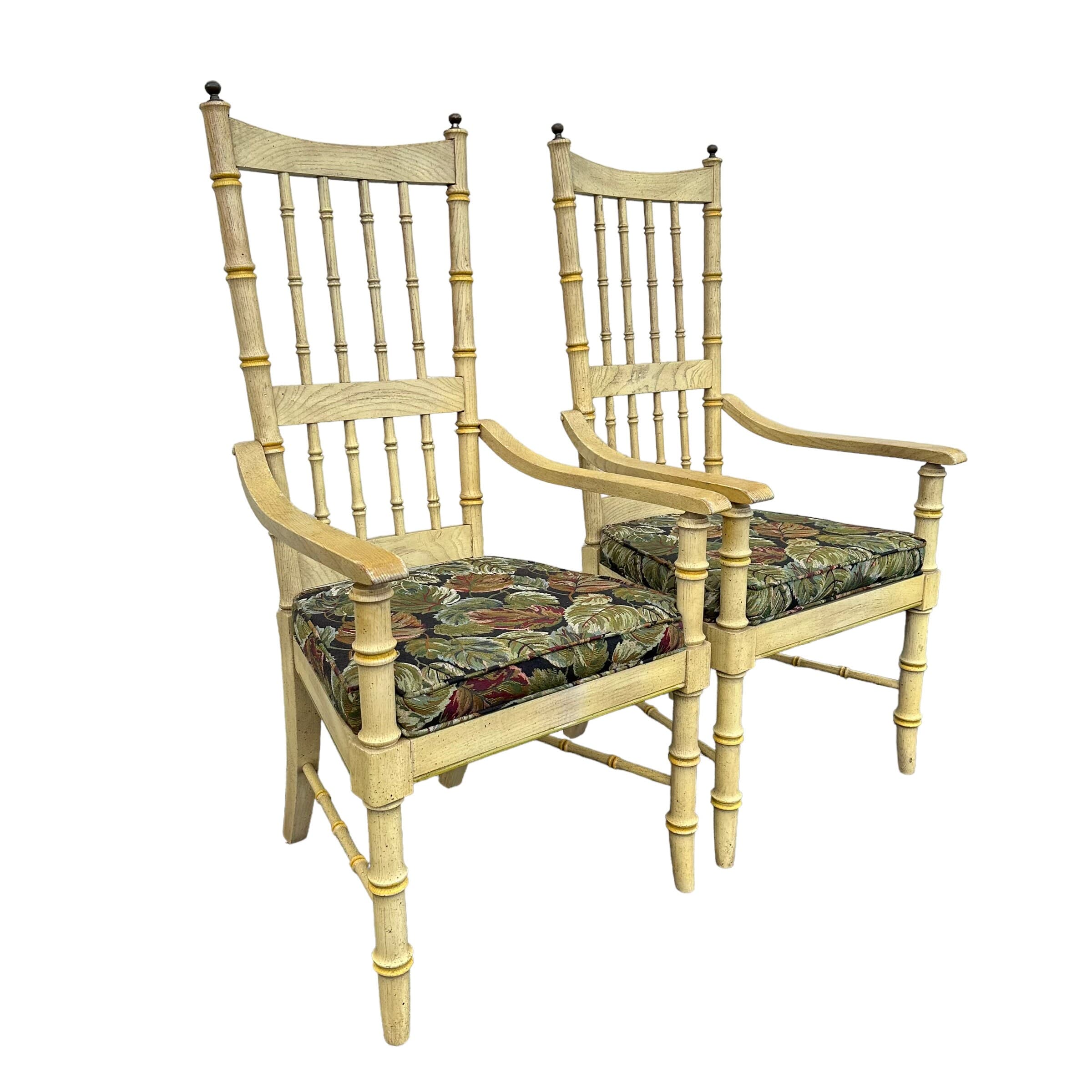 Faux Bamboo Armchairs with Spindles & Finials by Stanley Furniture Set of 2 - 1970s Vintage Pair Coastal Palm Beach Dining Accent Arm Chairs - Thumbnail 6