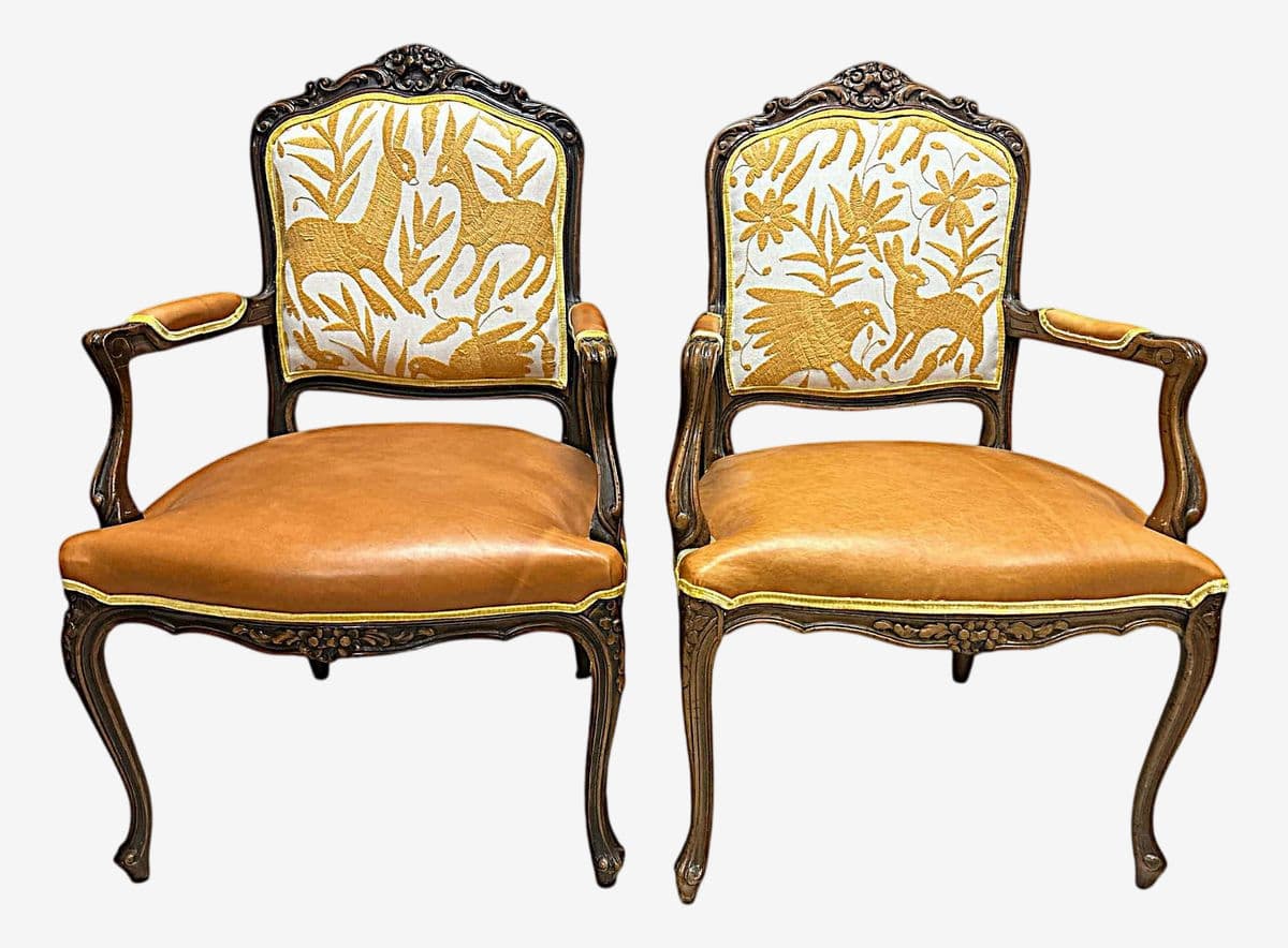 'Empress Carlota' Louis XV Pair of Fauteuils - Carved Walnut Reupholstered With Otomi Hand Embroidery and Cognac Leather