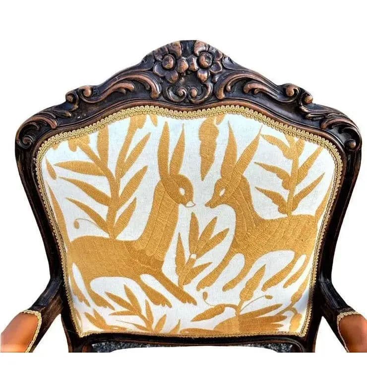 'Empress Carlota' Louis XV Pair of Fauteuils - Carved Walnut Reupholstered With Otomi Hand Embroidery and Cognac Leather - Thumbnail 3