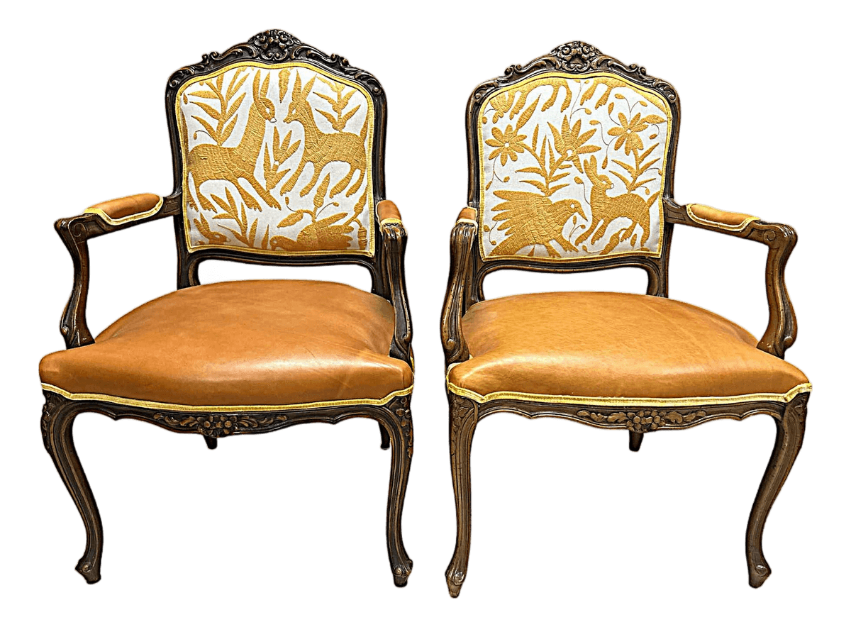'Empress Carlota' Louis XV Pair of Fauteuils - Carved Walnut Reupholstered With Otomi Hand Embroidery and Cognac Leather - Thumbnail 2