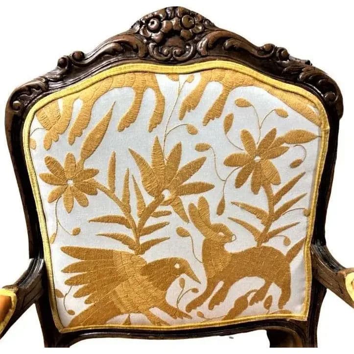 'Empress Carlota' Louis XV Pair of Fauteuils - Carved Walnut Reupholstered With Otomi Hand Embroidery and Cognac Leather - Thumbnail 4