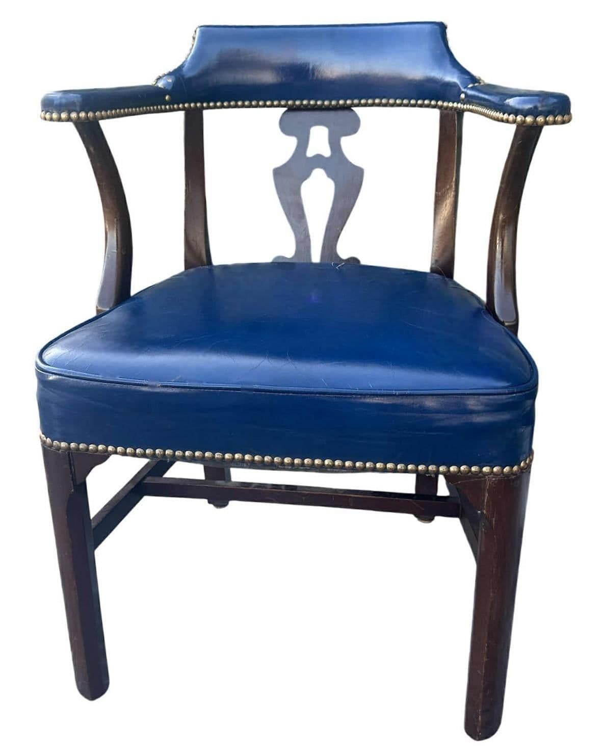 Vintage 1940s Blue Leather and Walnut Grand Ledge Chair Company Club Chairs - Rare Find - Thumbnail 3