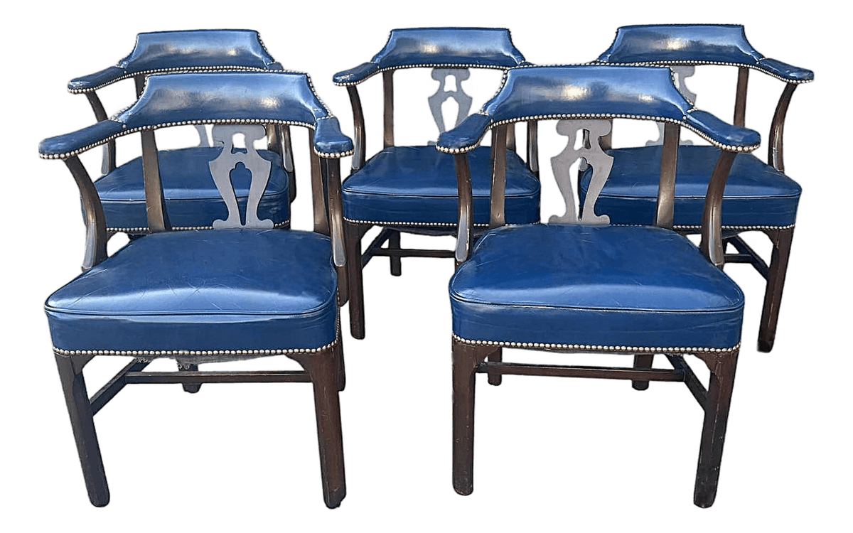 Vintage 1940s Blue Leather and Walnut Grand Ledge Chair Company Club Chairs - Rare Find - Thumbnail 2