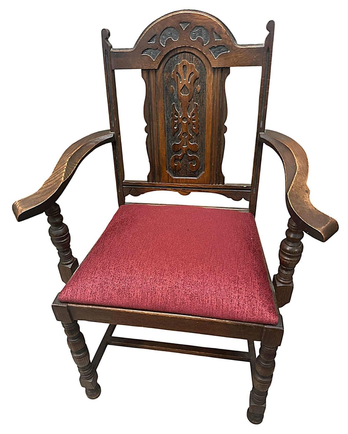 Antique 1920s Spanish Revival Oak Dining Chairs With New Burgundy Seat Upholstery - Set of 6 - Thumbnail 3