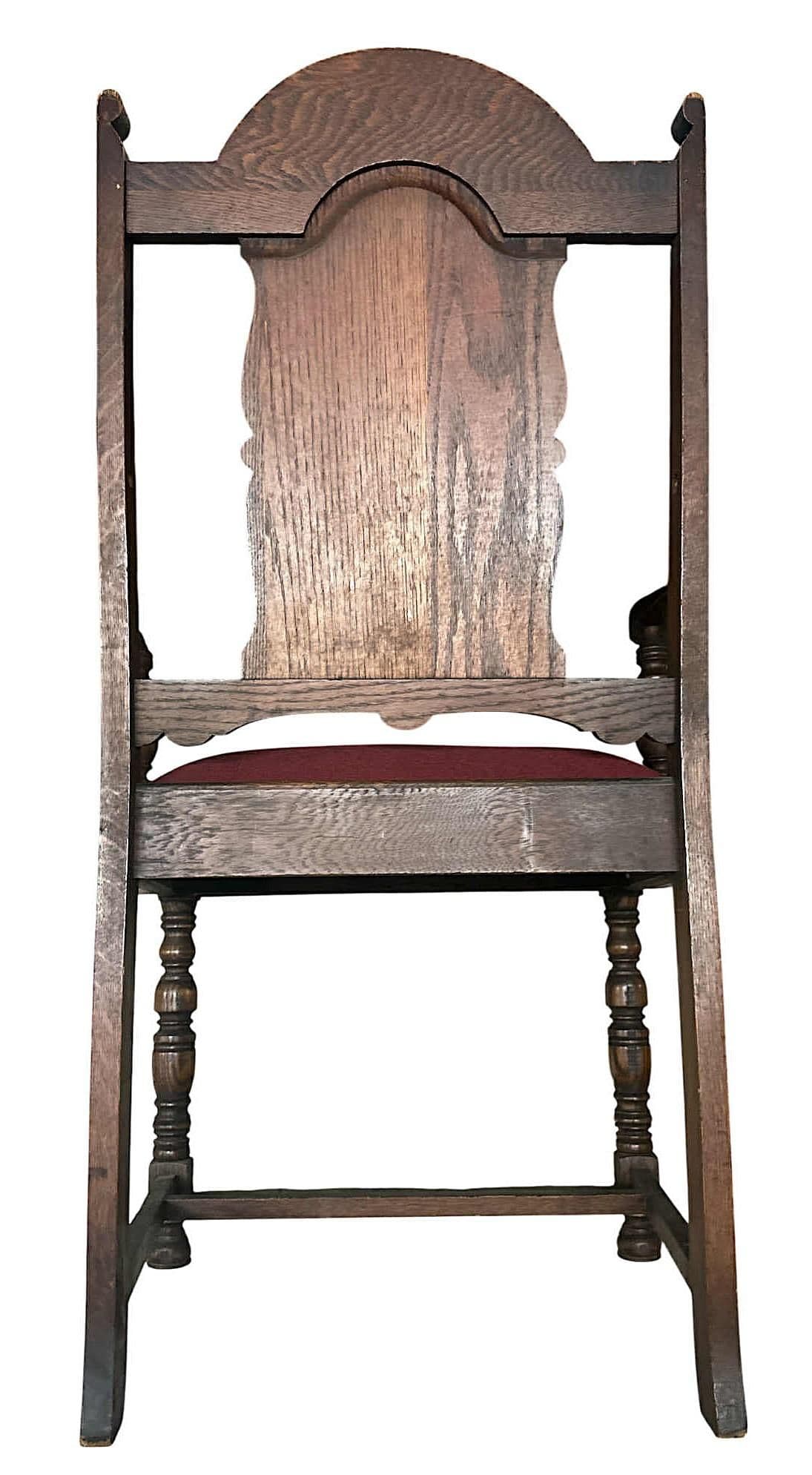 Antique 1920s Spanish Revival Oak Dining Chairs With New Burgundy Seat Upholstery - Set of 6 - Thumbnail 5