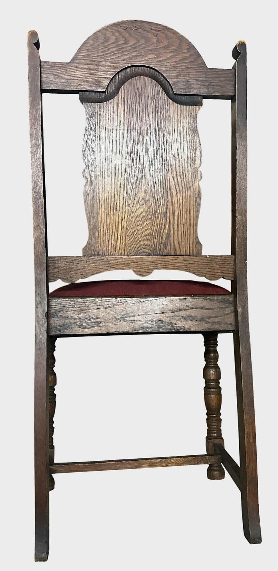 Antique 1920s Spanish Revival Oak Dining Chairs With New Burgundy Seat Upholstery - Set of 6 - Thumbnail 8