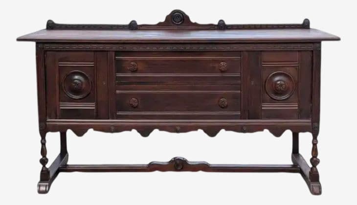 Rare Antique 1920s Signed Baker Furniture Company Walnut Spanish Revival 72" Buffet Sideboard Made in Allegan, Michigan