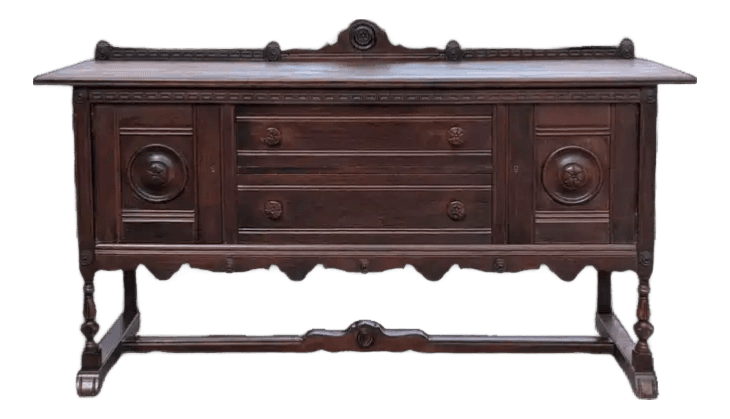 Rare Antique 1920s Signed Baker Furniture Company Walnut Spanish Revival 72" Buffet Sideboard Made in Allegan, Michigan - Thumbnail 2