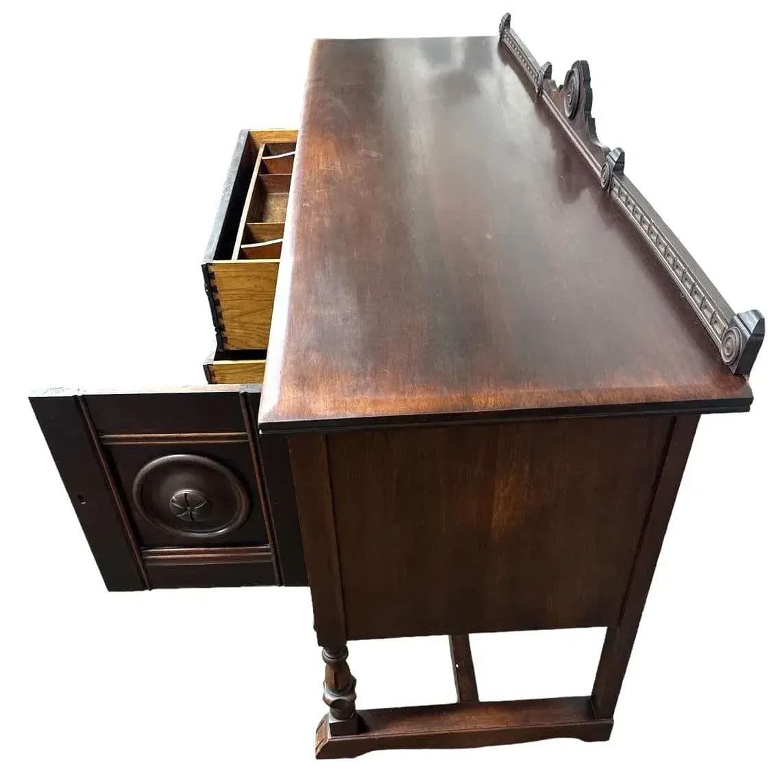 Rare Antique 1920s Signed Baker Furniture Company Walnut Spanish Revival 72" Buffet Sideboard Made in Allegan, Michigan - Thumbnail 5