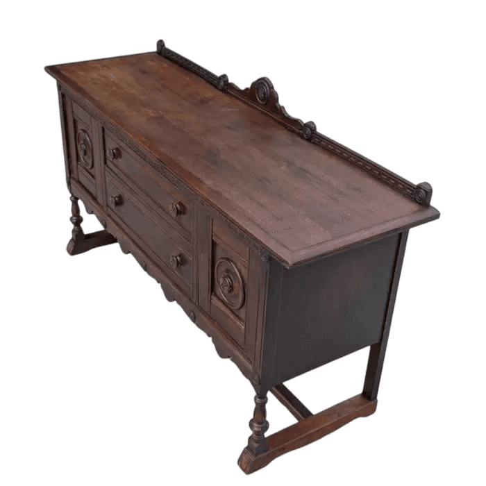 Rare Antique 1920s Signed Baker Furniture Company Walnut Spanish Revival 72" Buffet Sideboard Made in Allegan, Michigan - Thumbnail 3