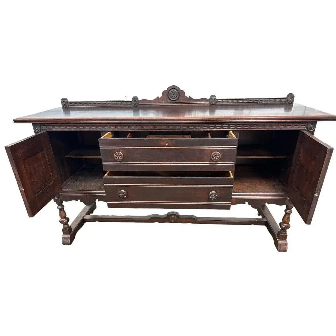 Rare Antique 1920s Signed Baker Furniture Company Walnut Spanish Revival 72" Buffet Sideboard Made in Allegan, Michigan - Thumbnail 4