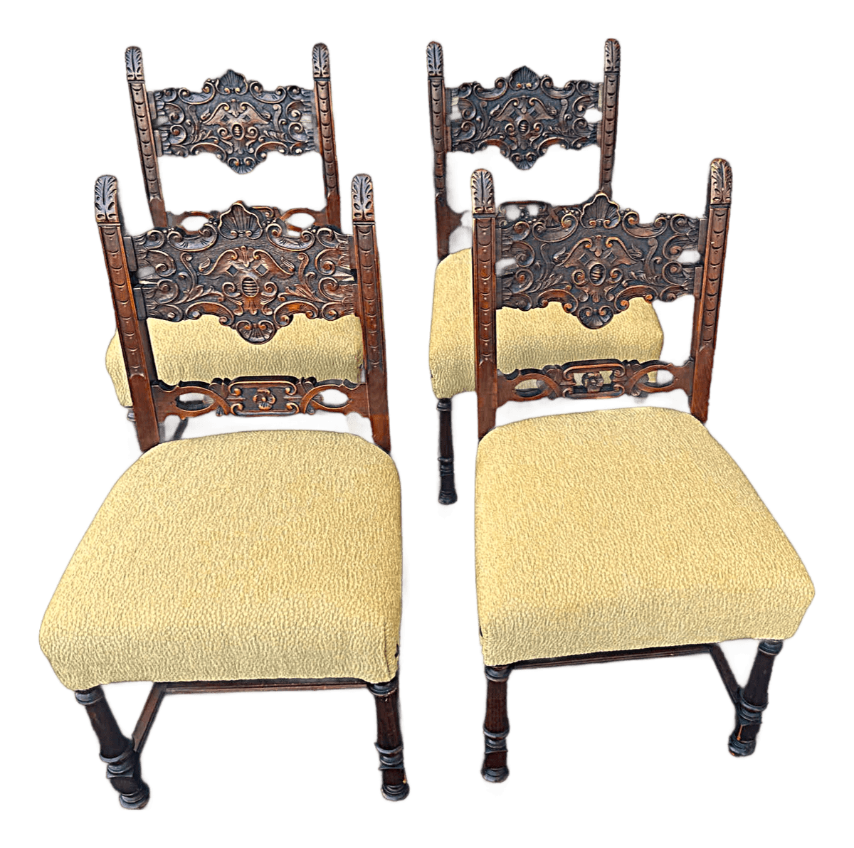 Baker Furniture Attributed 1920s Antique Carved Walnut Renaissance Revival Dining Chairs With New Kravet Seat Upholstery - Set of 4 - Thumbnail 2