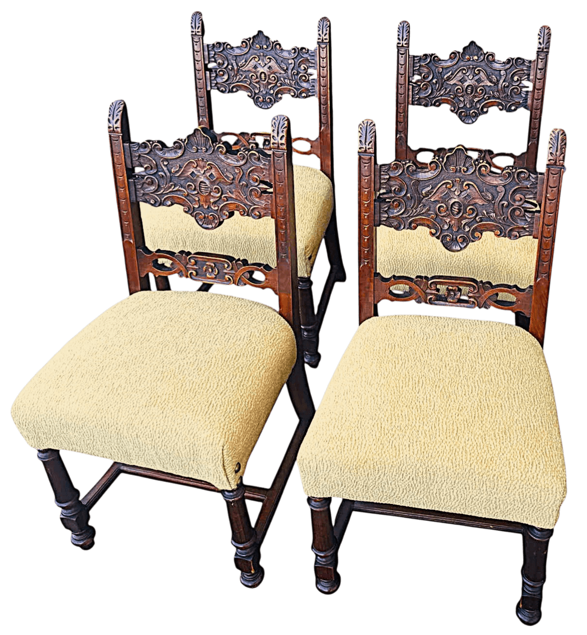Baker Furniture Attributed 1920s Antique Carved Walnut Renaissance Revival Dining Chairs With New Kravet Seat Upholstery - Set of 4 - Thumbnail 3