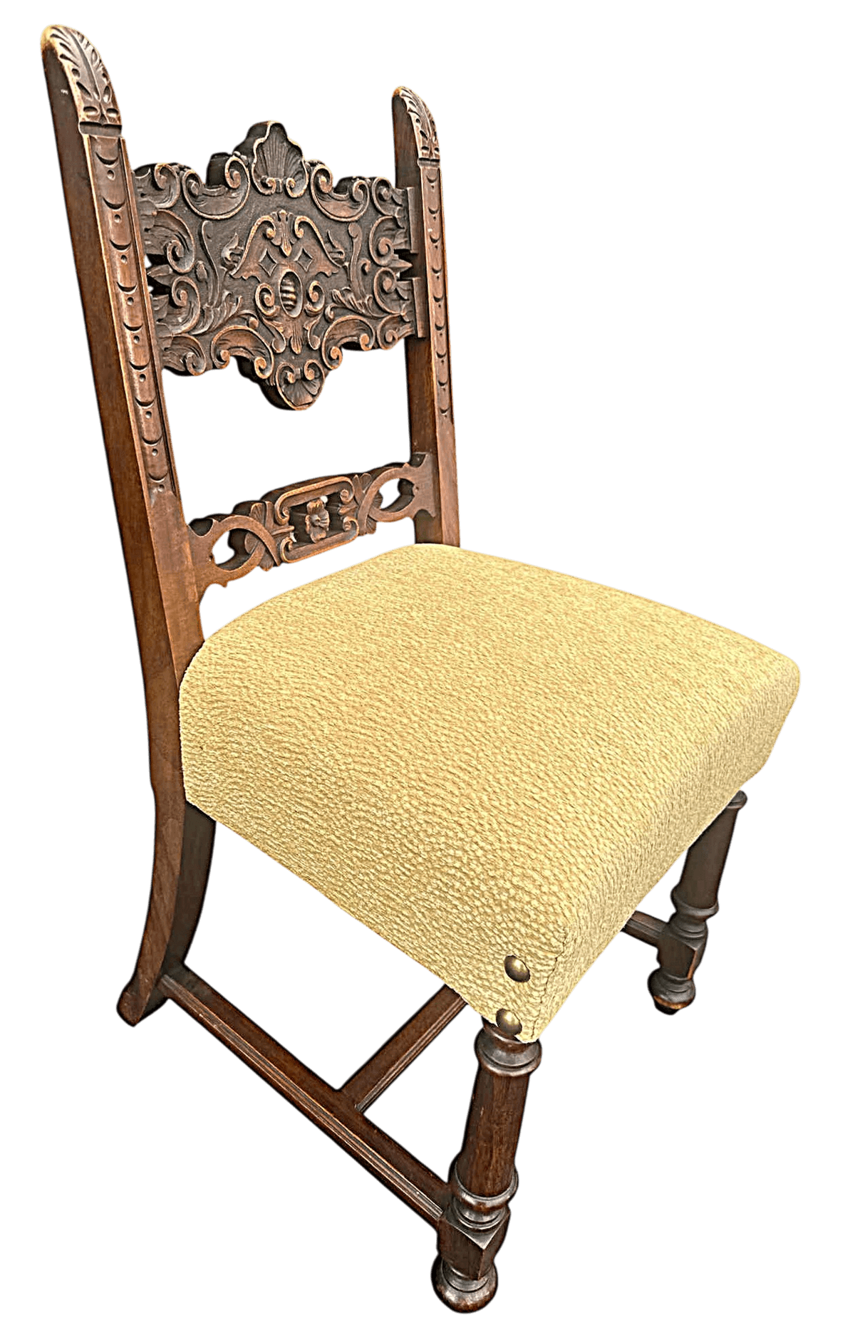 Baker Furniture Attributed 1920s Antique Carved Walnut Renaissance Revival Dining Chairs With New Kravet Seat Upholstery - Set of 4 - Thumbnail 4