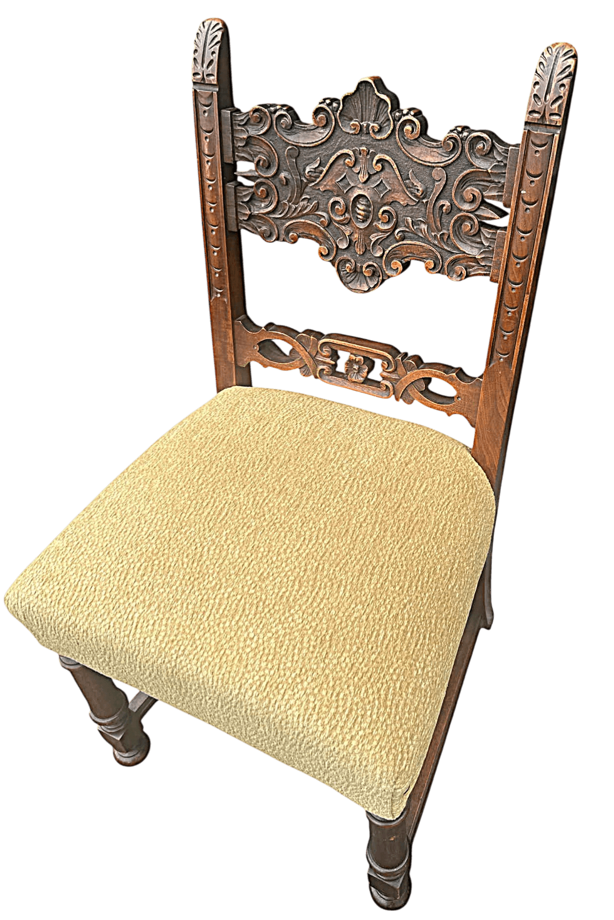 Baker Furniture Attributed 1920s Antique Carved Walnut Renaissance Revival Dining Chairs With New Kravet Seat Upholstery - Set of 4 - Thumbnail 7