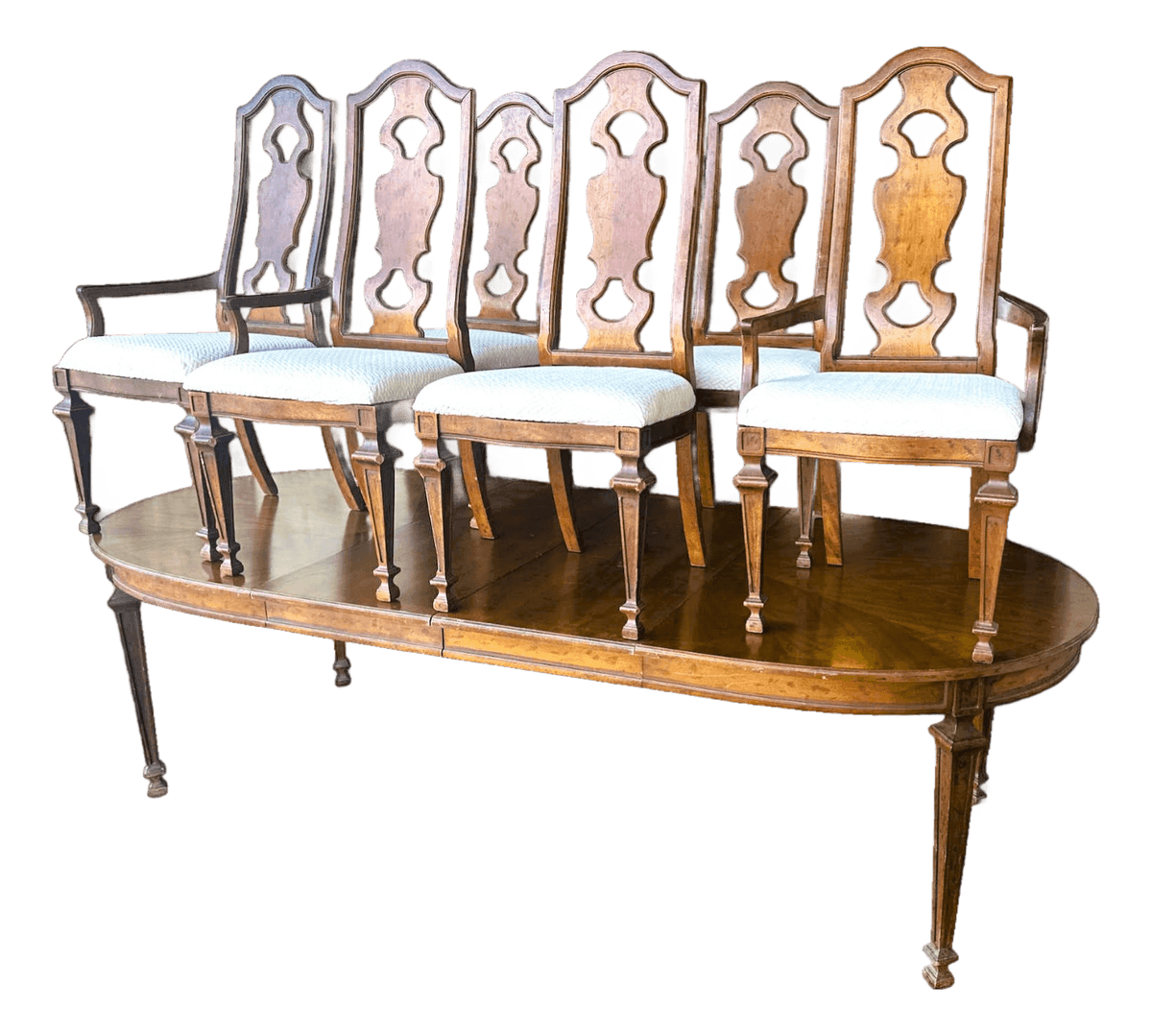 Drexel ‘Livorno’ Italian Neoclassical Pecan Wood Dining Table - 102” Fully Extended and 6 Chairs - Made in 1968 - Thumbnail 2