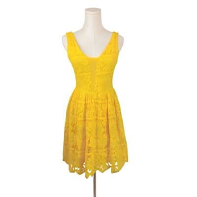 GB Yellow Lace Fit And Flare Mini Dress Size S Deep V Sleeveless Scalloped Hem - Image 1