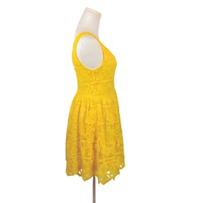 GB Yellow Lace Fit And Flare Mini Dress Size S Deep V Sleeveless Scalloped Hem - Thumbnail 2