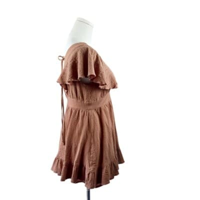 Showpo Terracotta Brown Ruffle Mini Dress AU 10 US 6 Cotton Tie Back Deep V Neck - Thumbnail 2