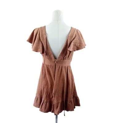 Showpo Terracotta Brown Ruffle Mini Dress AU 10 US 6 Cotton Tie Back Deep V Neck - Thumbnail 4
