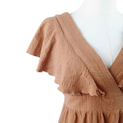 Showpo Terracotta Brown Ruffle Mini Dress AU 10 US 6 Cotton Tie Back Deep V Neck - Thumbnail 5