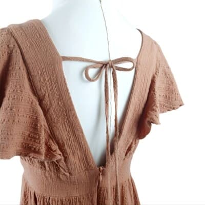 Showpo Terracotta Brown Ruffle Mini Dress AU 10 US 6 Cotton Tie Back Deep V Neck - Thumbnail 6
