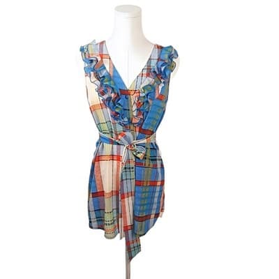 Fei Anthropologie Ruffle Plaid Sleeveless Blouse Belted Multicolor Blue Orange 0 - Image 1
