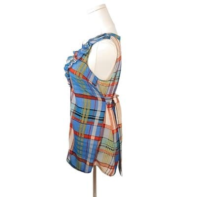 Fei Anthropologie Ruffle Plaid Sleeveless Blouse Belted Multicolor Blue Orange 0 - Thumbnail 2