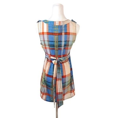 Fei Anthropologie Ruffle Plaid Sleeveless Blouse Belted Multicolor Blue Orange 0 - Thumbnail 3