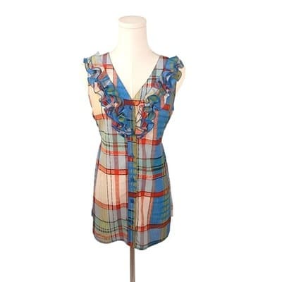 Fei Anthropologie Ruffle Plaid Sleeveless Blouse Belted Multicolor Blue Orange 0 - Thumbnail 7