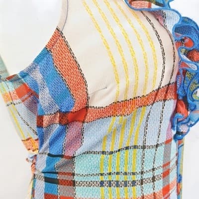 Fei Anthropologie Ruffle Plaid Sleeveless Blouse Belted Multicolor Blue Orange 0 - Thumbnail 6