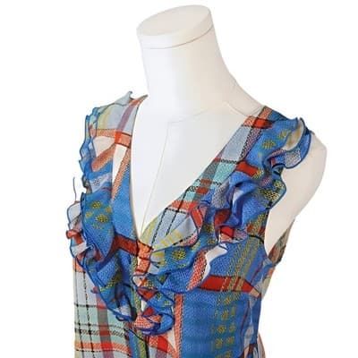 Fei Anthropologie Ruffle Plaid Sleeveless Blouse Belted Multicolor Blue Orange 0 - Thumbnail 4