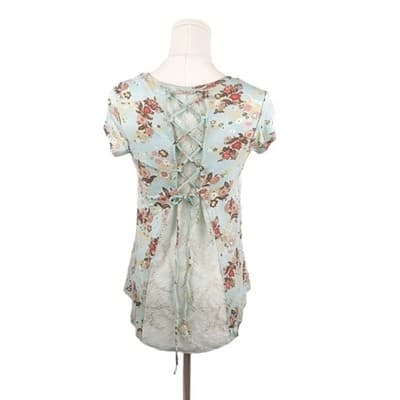 NWT Belle Du Jour Mint Corset Back Floral Tee Shirt XS Green Crisscross Tie - Thumbnail 3