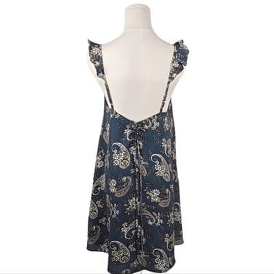 J.O.A. Navy Paisley Mini Dress Ruffle Strap Lace-Up Corset Sleeveless S Blue - Thumbnail 3