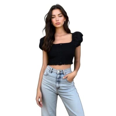 Ambiance Black Smocked Puff-Sleeve Crop Top S - Image 1