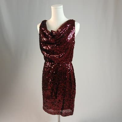 Aqua Burgundy Sequin Cowl-Neck Cocktail Dress 4 - Thumbnail 2