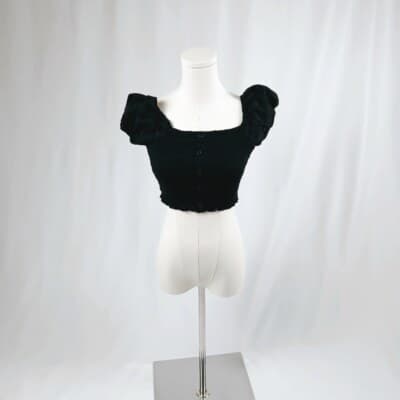 Ambiance Black Smocked Puff-Sleeve Crop Top S - Thumbnail 2