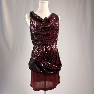 Aqua Burgundy Sequin Cowl-Neck Cocktail Dress 4 - Thumbnail 6