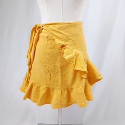 Saints + Secrets Yellow Ruffle Wrap Mini Skirt M - Image 1