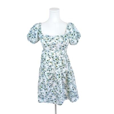 Jessica Simpson White Floral Tie-Back Mini Dress XS Puff Sleeves Empire Waist - Image 1