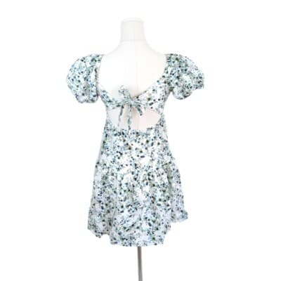Jessica Simpson White Floral Tie-Back Mini Dress XS Puff Sleeves Empire Waist - Thumbnail 3